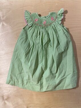 Amanda Remembered Green Smocked Baby Dress with Pink Flamingo Embroidery 2 (RN)